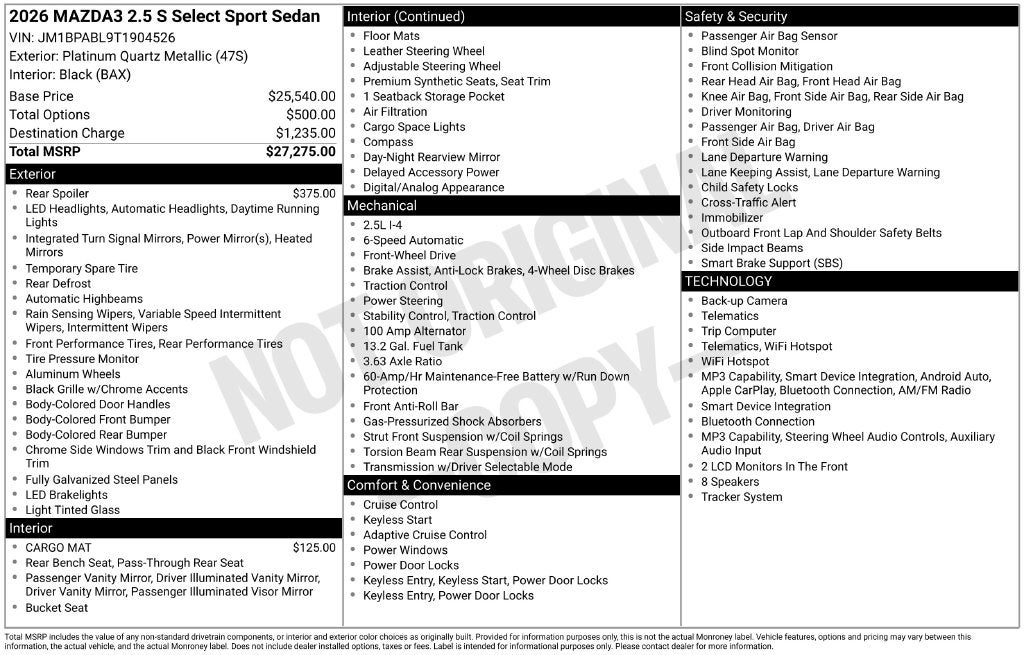 2026 Mazda Mazda3 Sedan 2.5 S Select Sport