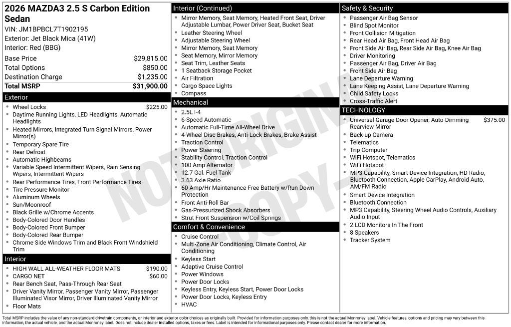 2026 Mazda Mazda3 Sedan 2.5 S Carbon Edition AWD
