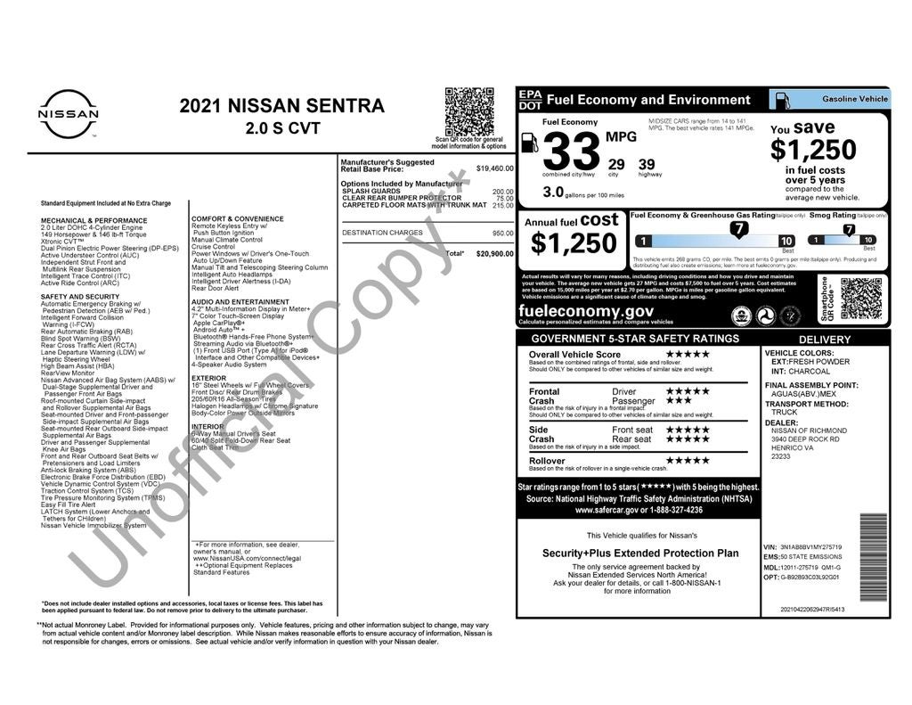 2021 Nissan Sentra S Certified Select